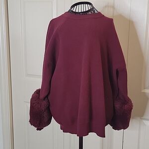 Saks Fifth Avenue Burgundy  Vintage Sweater with Large Faux Fur Cuffs Size XS